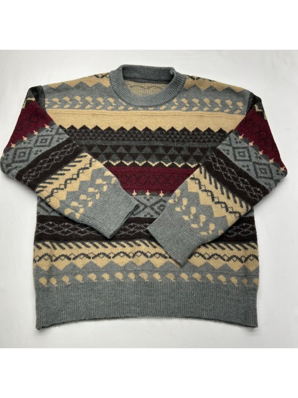 Vintage Nordic Style Knit Sweater Crewneck Multicolor Geometric Pattern Warm Win